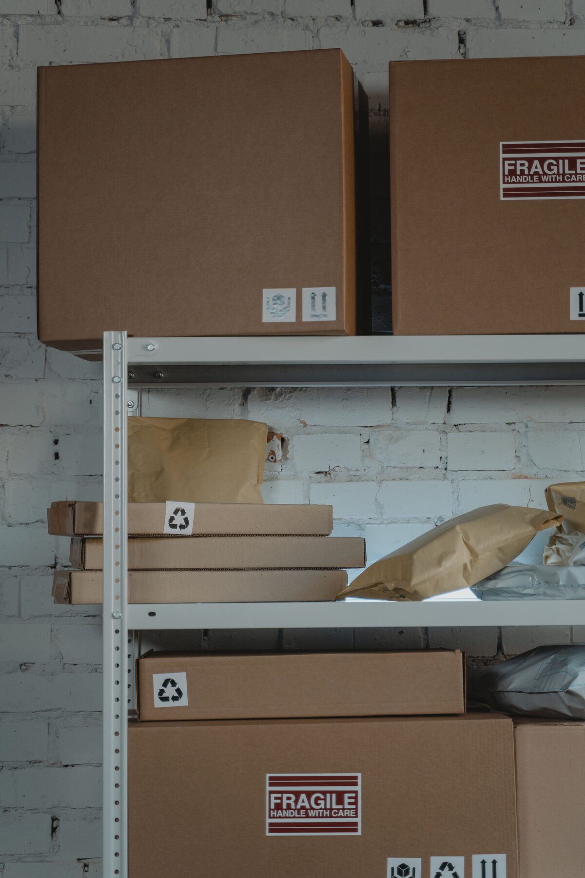 Labeled cartons organized on industrial warehouse shelving